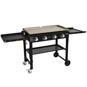 Commercial Griddle On Cart, 36' Heavy Duty Manual Flat Top Griddle, Outdoor Cooking Station With Side Shelves, Steel Natural Gas Griddle, 4-Burners Re
