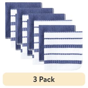 (3 pack) Cotton Waffle Dishcloth, Blue & White Striped, 4 Piece, 12 in x 12 in