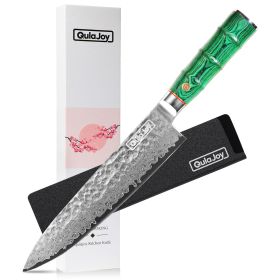 Qulajoy Japanese Chef Knife 8 Inch,67 Layers Damascus VG-10 Steel Core,Professional Hammered Kitchen Knife,Handcrafted With Ergonomic Bamboo Shape Han (Option: Green)