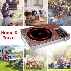 Portable Electric Single Burner Cooktop 3500W 110V, Heat-Resistant Glass Surface (Easy to Clean) with Side Handles (Color: wood)